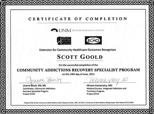Scott Goold certified as community addictions recovery specialist (CARS)