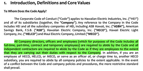 Hawaiian Electric Code Applies to All Employees