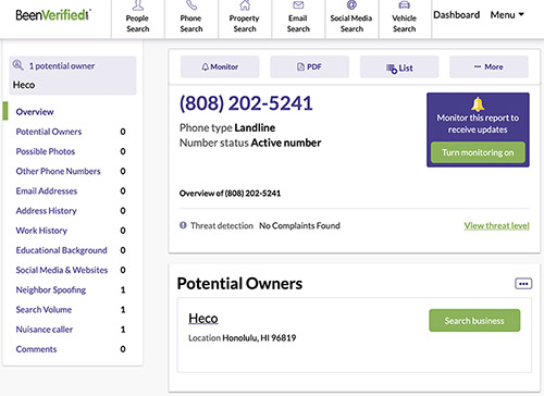 HECO owns the landline phone number: 808-202-5241